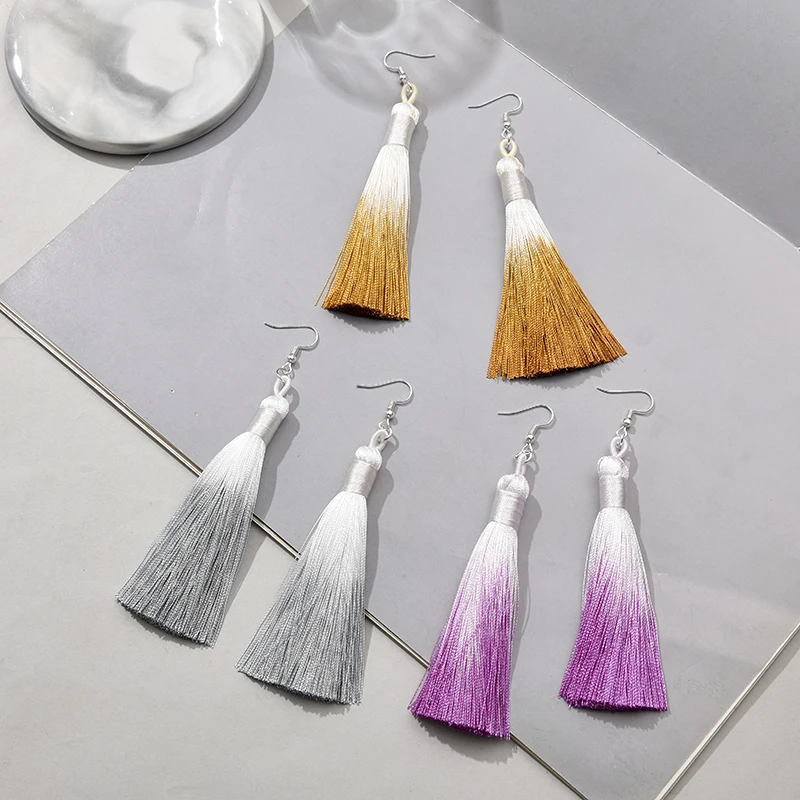 Bohemian Colorful Tassel Long Dangle Drop Earrings For Women Girls Ethnic Vintage Silk Fabric Hanging Fashion Jewelry Wholesale