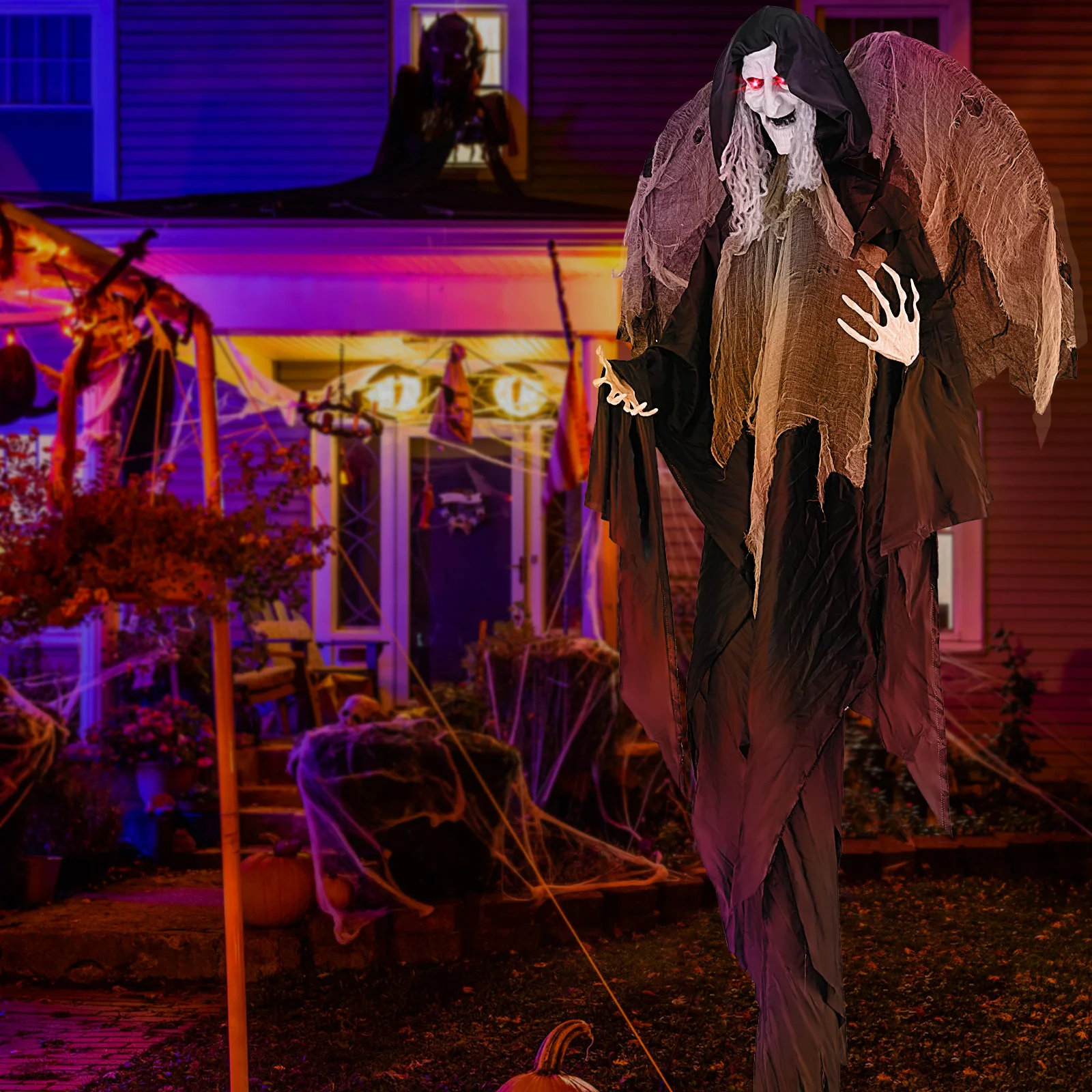8. 2 FT Halloween Standing Witch, Poseable Halloween Animatronic Prop with Light up Eyes, Sounds & Movements 5