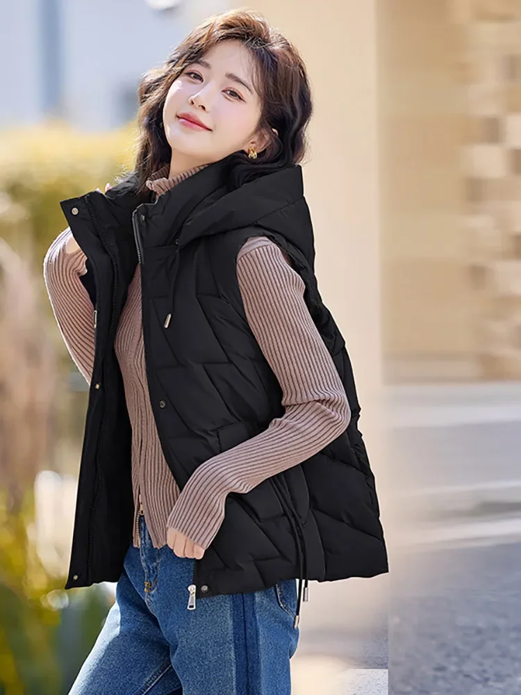 PinkyIsBlack 2024 New Hooded Winter Down Cotton Vest Jacket Women Clothes Short Thick Fluffy Waistcoat Solid Female Puffer Vest