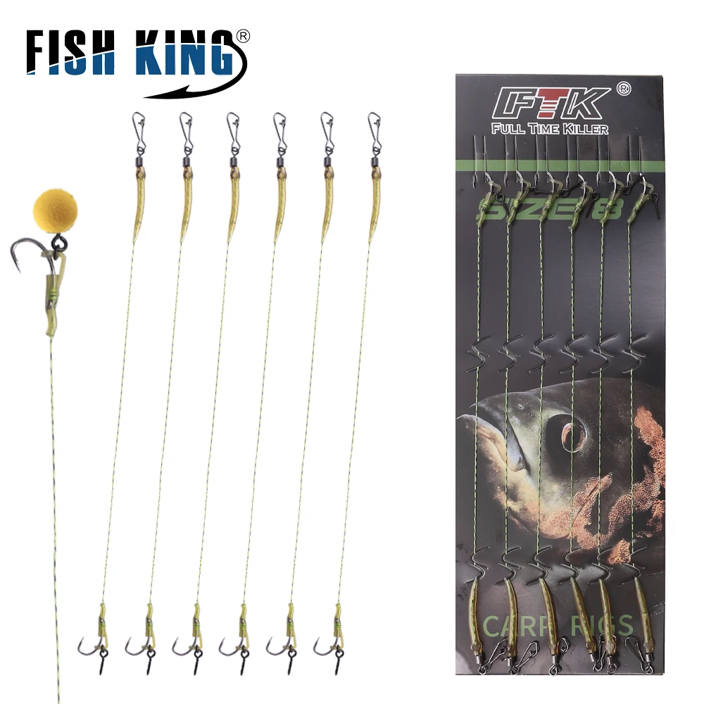 FISH KING Carp Fishing Hooks 2/4/6/8# 6pcs carp hook hair rig for carp With line Ready Made Boilies Bait hair rigs Carp fishing