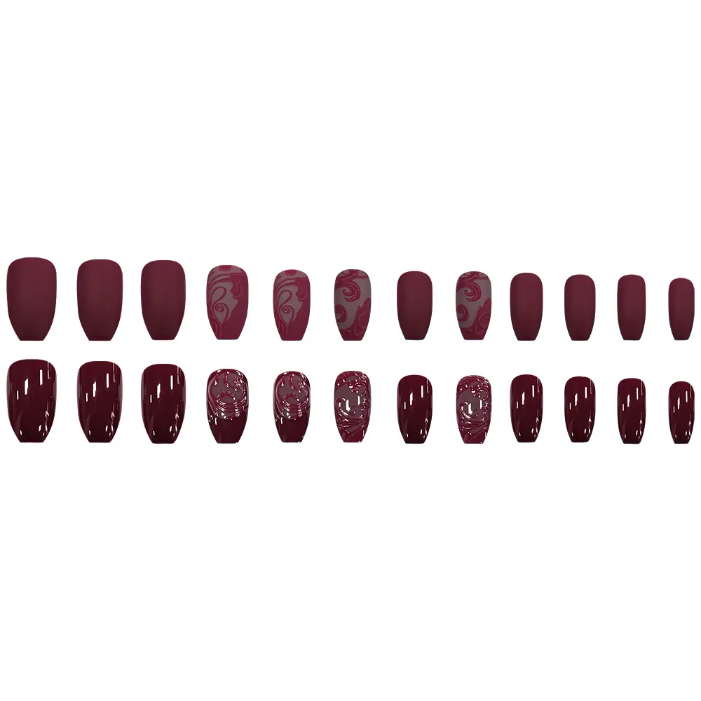 24個入り ヴィンテージ プレミアム ワインレッド プレスオンネイル エンボス加工＆ソリッドカラー ロングコフィンシェイプ 各種サイズ