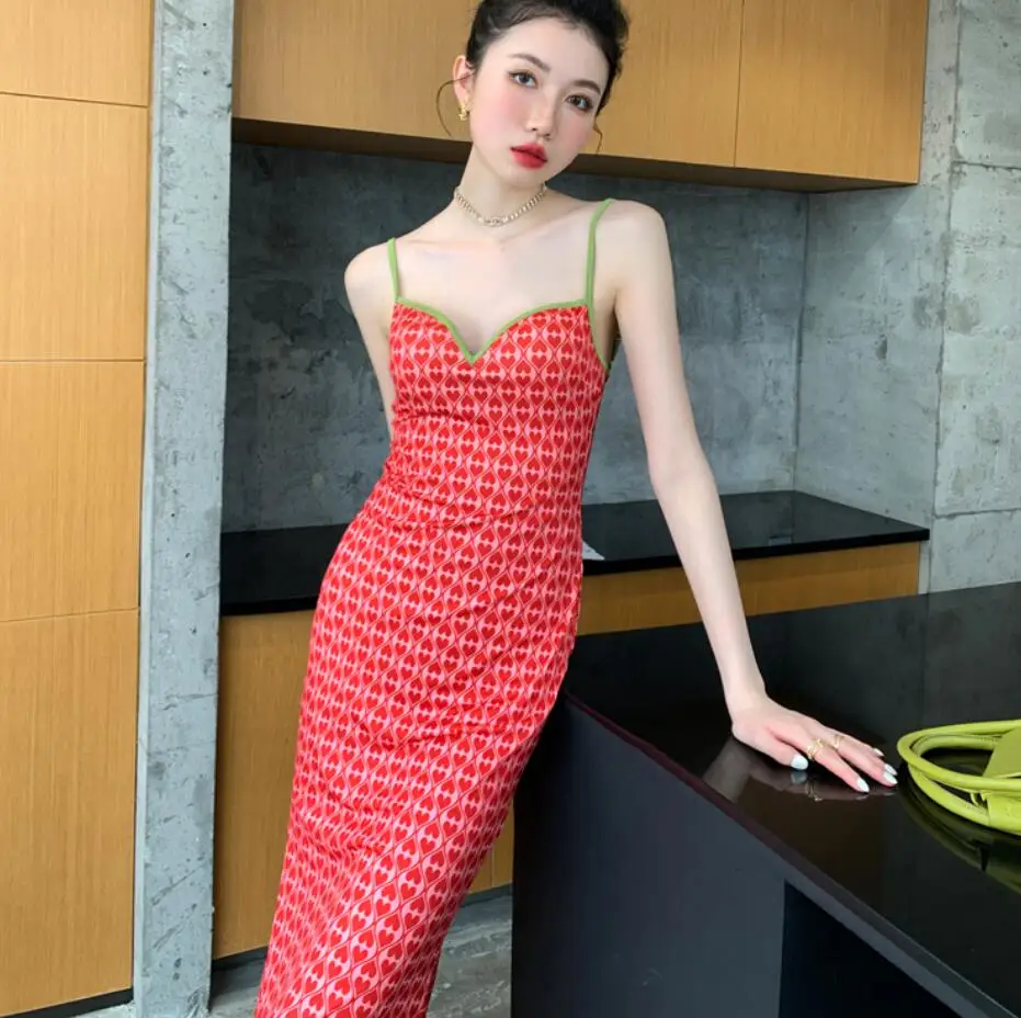 Red Love Heart Printed Sleeveless Backless Bodycon Sling Dress Women Summer Sexy V-Neck Party Suspenders Dresses s303