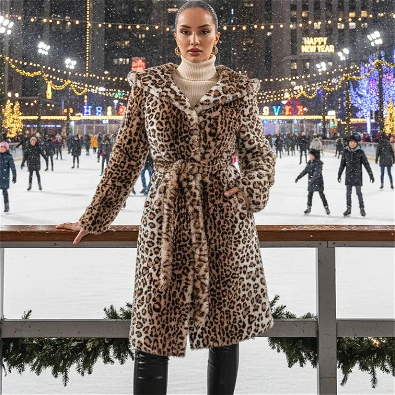 Women Faux Fur Long Coats Jackets Leopard Print Hooded Coat Thick Warm Y2k Streetwear Jacket Lace Up Belt Autumn Winter 2026