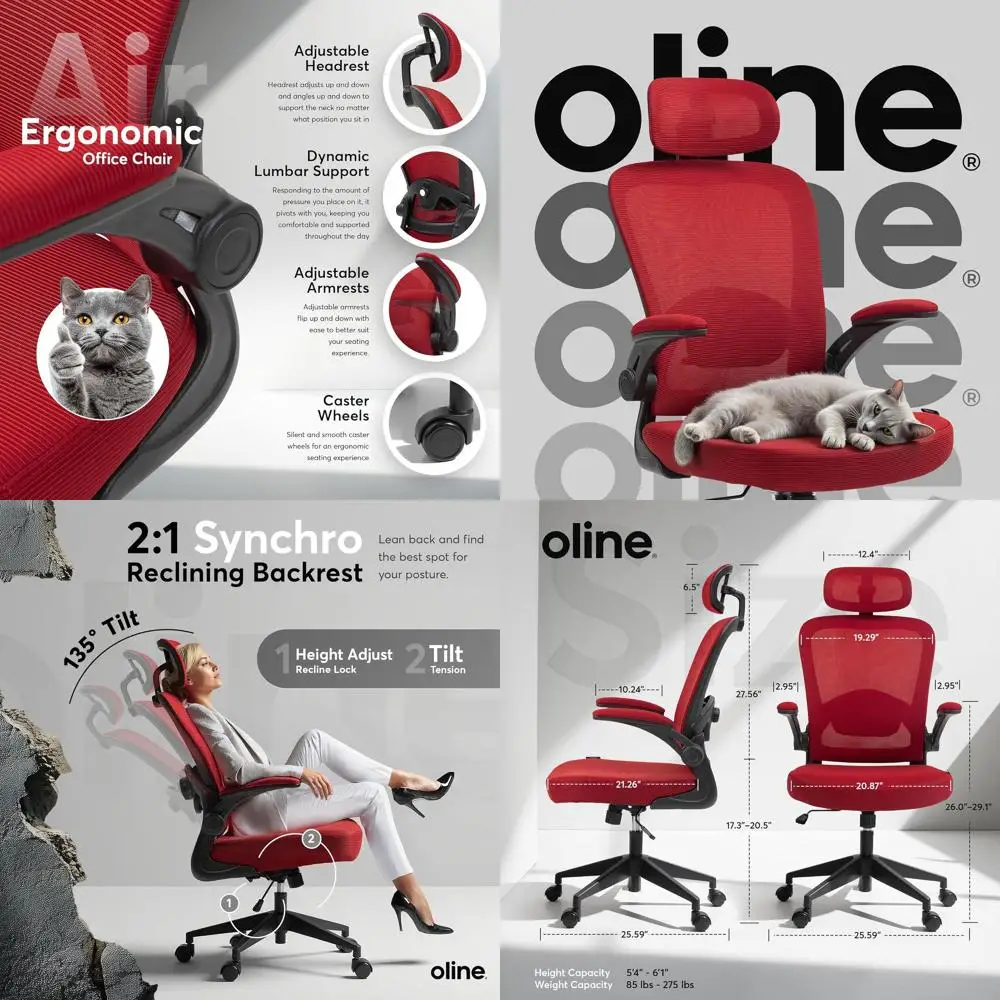 

Ergonomic Mesh Chair with Adjustable Lumbar, Flip-Up Arms, and Swivel for Home Office (Red)