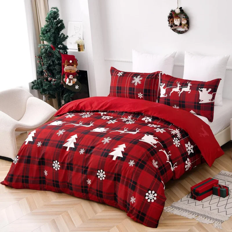 

Luxury Christmas Queen Duvet Set Of 3 pieces, Featuring A Red Buffalo Checkered Reindeer Snowflake Pattern And Soft Bedding