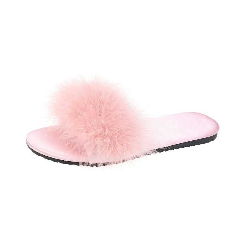 Slippers For Women Brides Bridesmaids Sweet Pink Red Fur Wedding Party Shoes Women\'s Fur Slipper Feather Modern Slippers