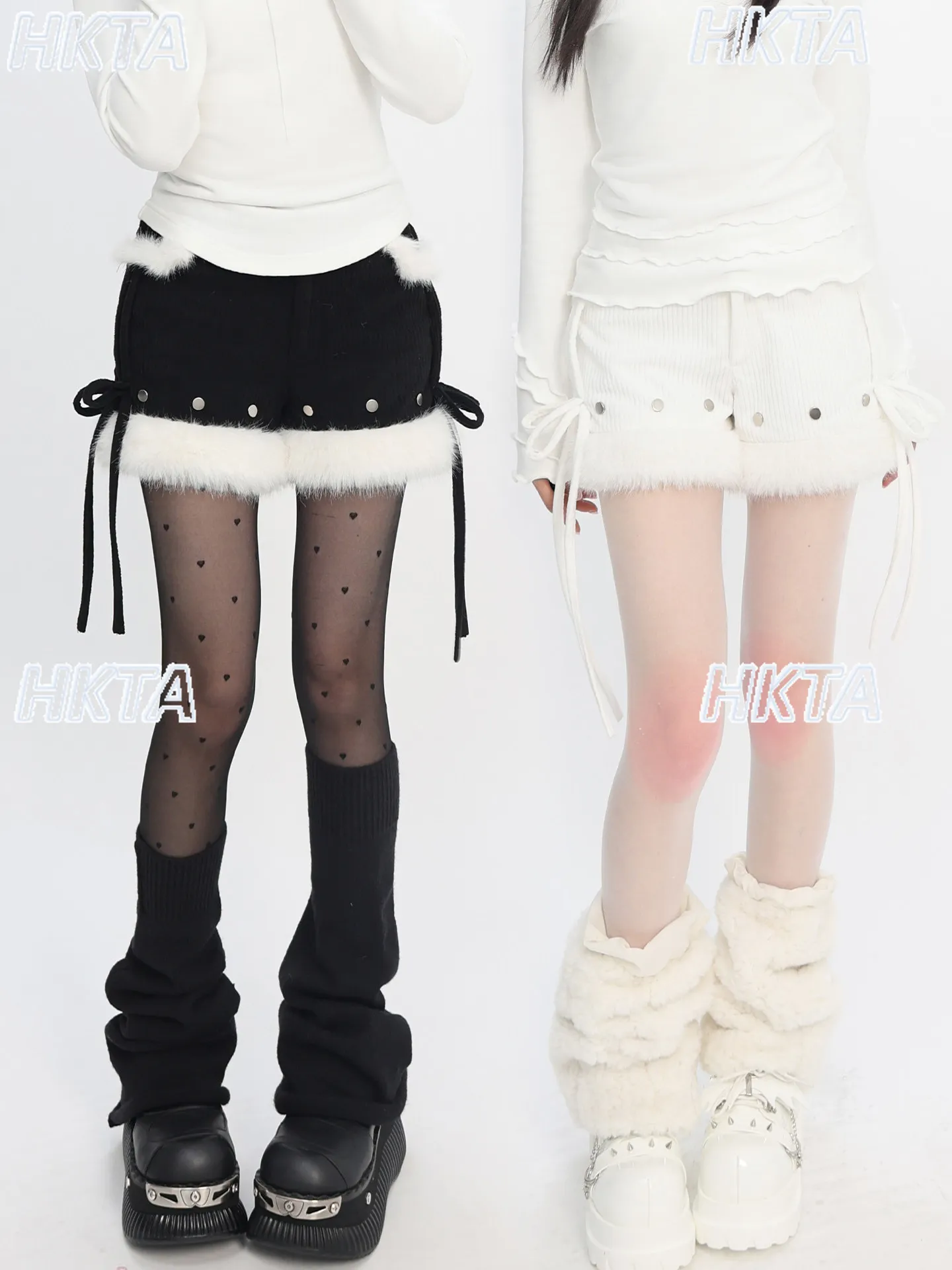 Original Thick Fluffy Corduroy Shorts Autumn and Winter New Black White Plush Stitching Fur Yabi Y2k Harajuku Black Shorts Women