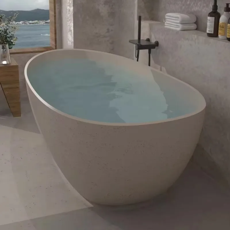 Freestanding Artificial Travertine Stone Soaking Bathtub Rock Texture Solid Surface Comfortable Indoor Bathtub