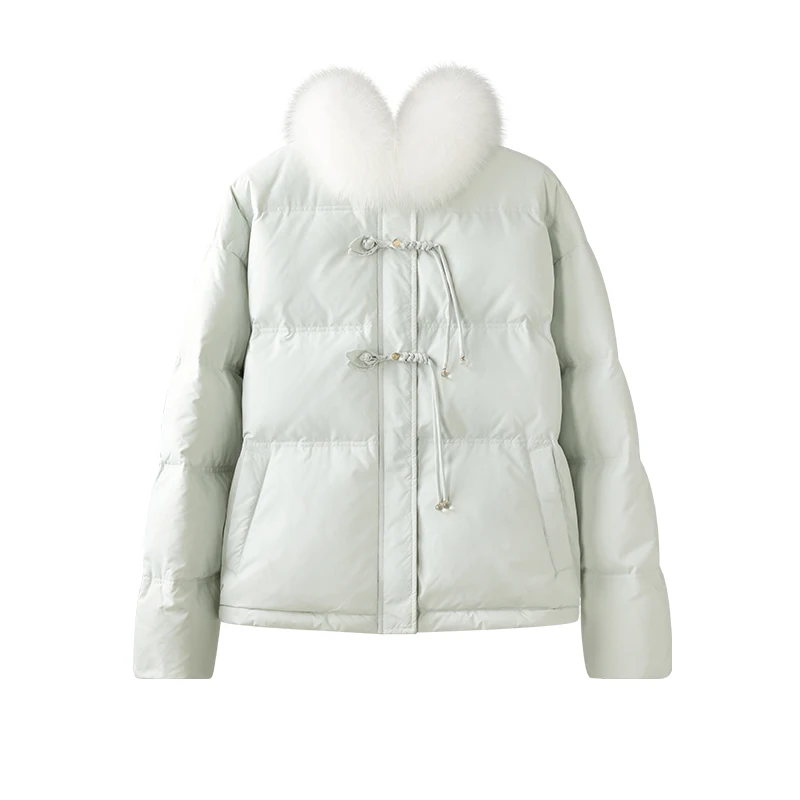 ALXNAN Damen-Winter-Daunenjacke, Bohnengrün, schick, Knopf-Pelzkragen, verdickt, kurze Daunenjacken, 90°, weiße Ente, weiblicher Mantel L51651