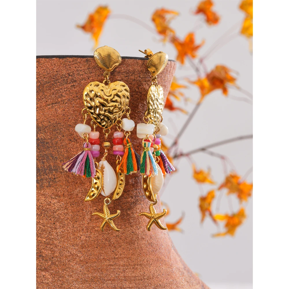 Yhpup Exquisite Metal Heart Seashell Starfish Tassel Dangle Handmade Earrings Gold Color Stainless Steel Arrivals Jewelry Gift
