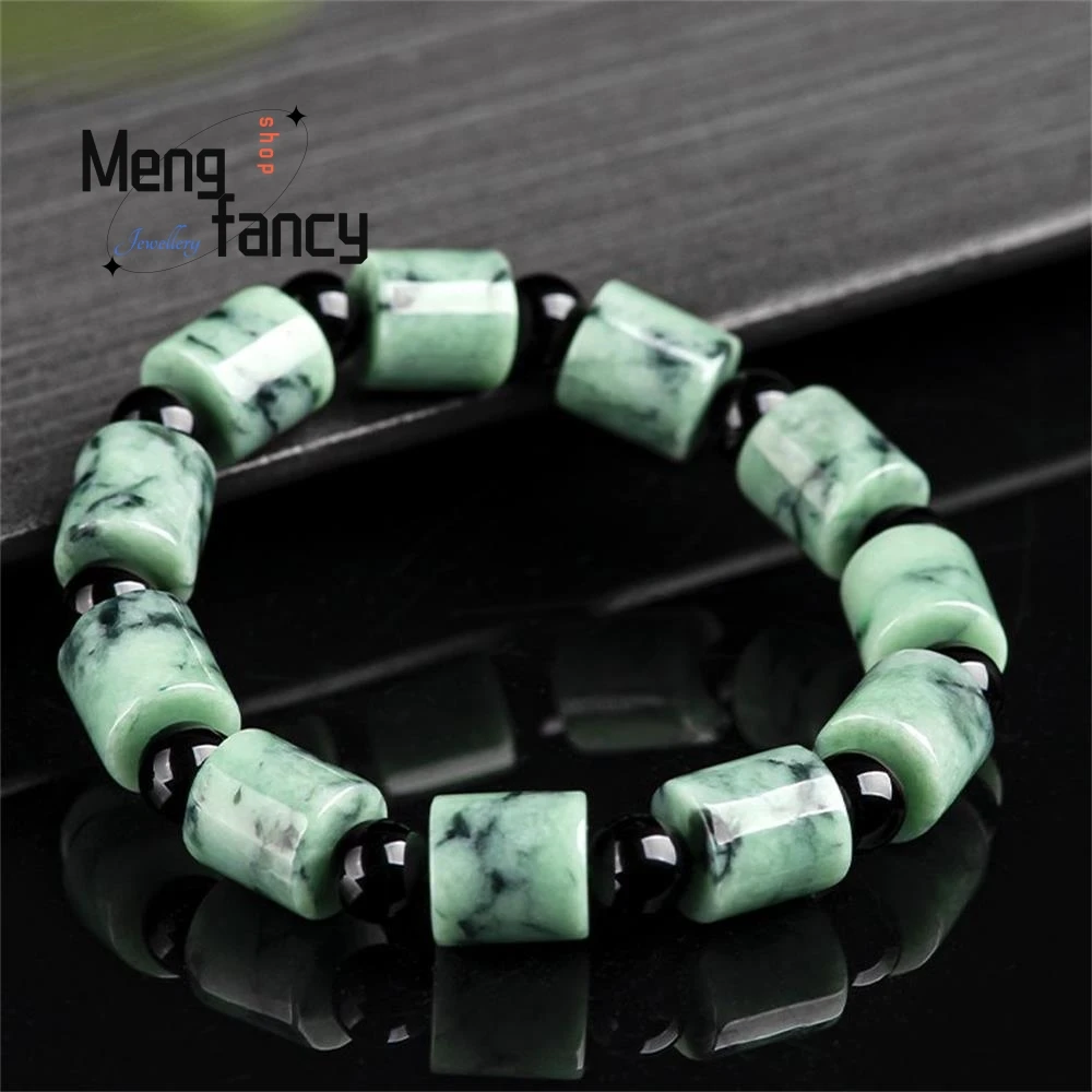 Natural Myanmar A-goods Jadeite Light Green Floating Flower Barrel Beads Lu Lutong Bracelet Ink and Wash Style Fashion Jewelry