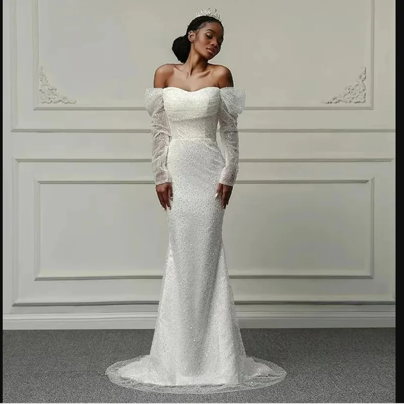 

Customized Off the Shoulder Shinny Pearls Sequins Wedding Dress Robe De Mariée Long Sleeves Country African Bridal Gown