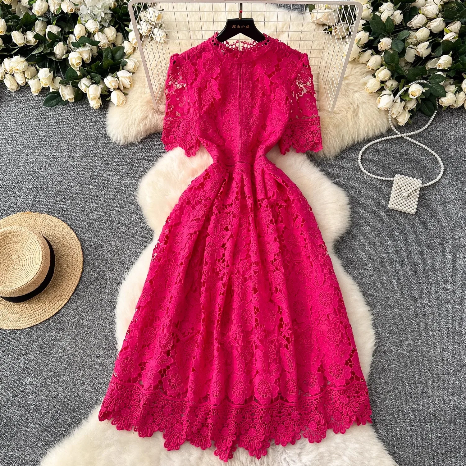 

Elegant Water Soluble Lace Flower Embroidery Hollow Out Midi Dress Women's O Neck Short Sleeve Solid Color Casual Office Vestido