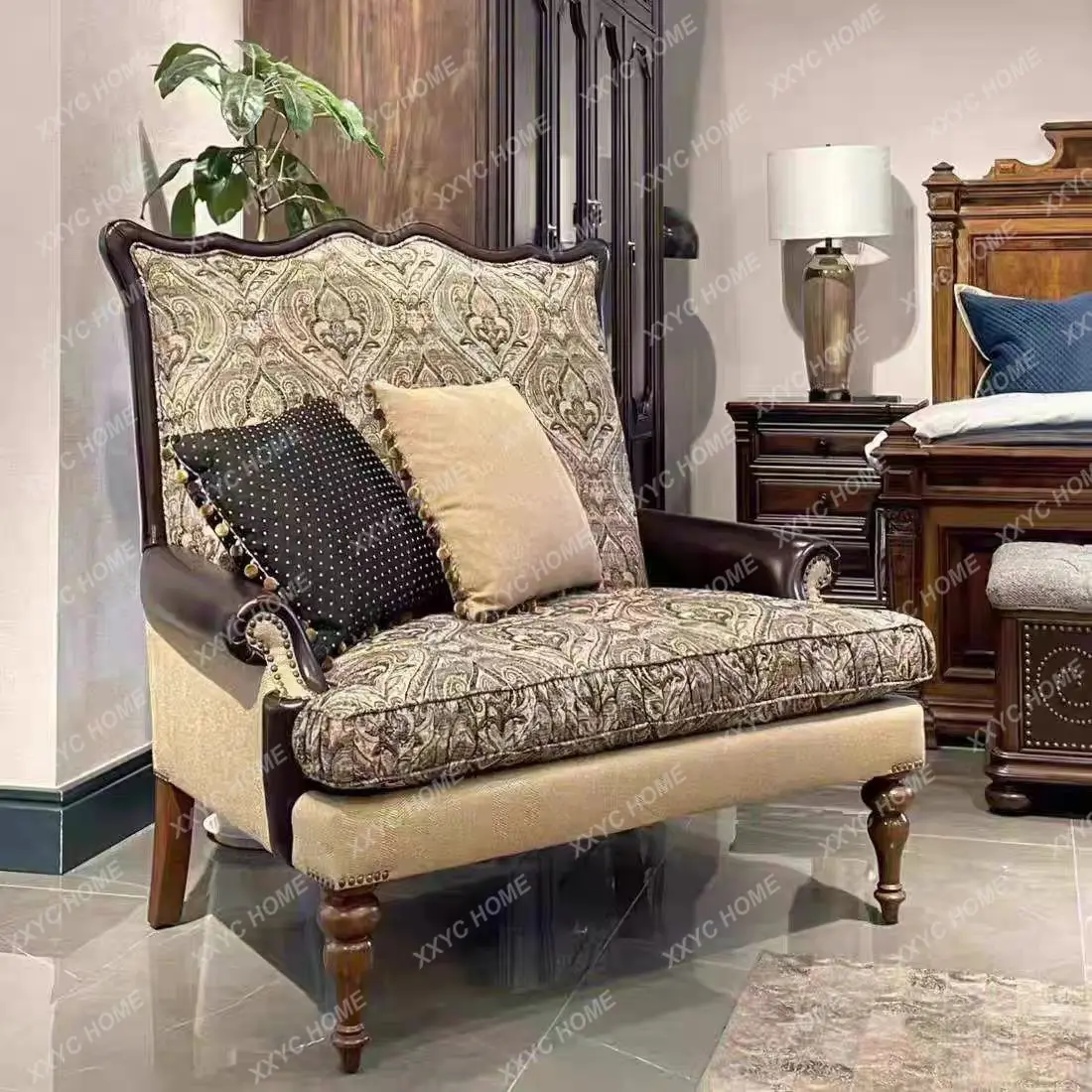 Furniture Lover Chair Leather Cloth Combined High Back Chair Solid Wood Retro Living Room Double, Jacquard Sofa
