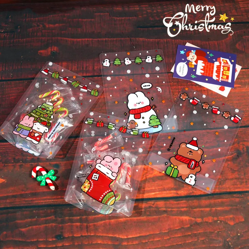 Transparent Christmas Theme Gift Bag Standing Zipper Bags For Candy Chocolate Cookie Nougat Biscuit Packaging Pouch Party Decor