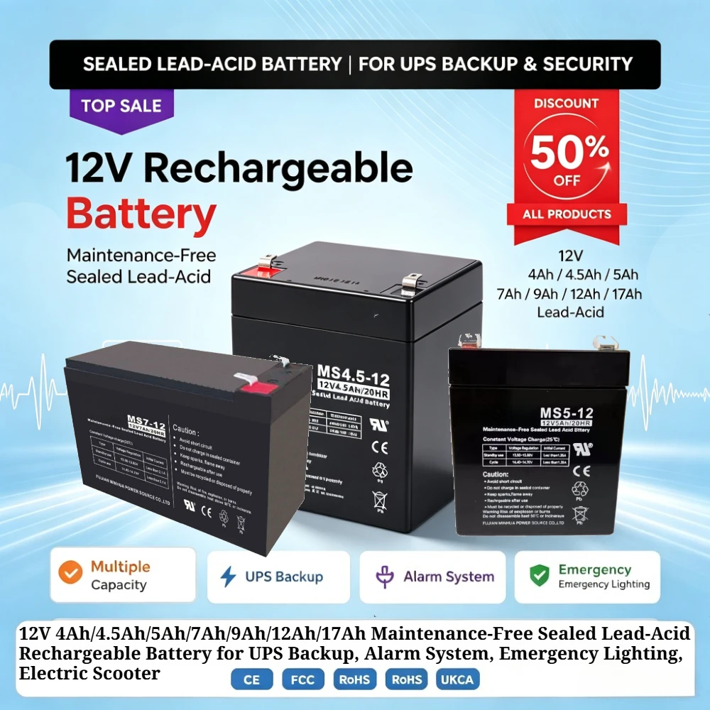 12V 4Ah/4.5Ah/5Ah/7Ah/9Ah/12Ah/17Ah Maintenance-Free Sealed Lead-Acid Rechargeable Battery for UPS Backup, Alarm System,Lighting