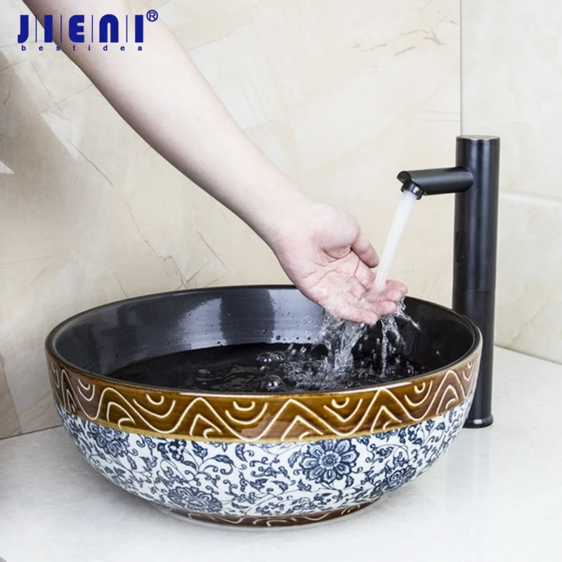 

JIENI Black Sensor Basin Sink Tap Bathroom Sink Washbasin Ceramic Lavatory Bath Sink Combine Set Torneira Mixer Faucet