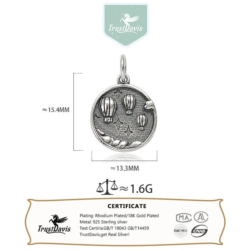 TrustDavis 925 Sterling Silver Vintage Pendant Round Hot Air Balloon Small Gift for DIY Bracelet Necklace Jewelry Making DZ1912