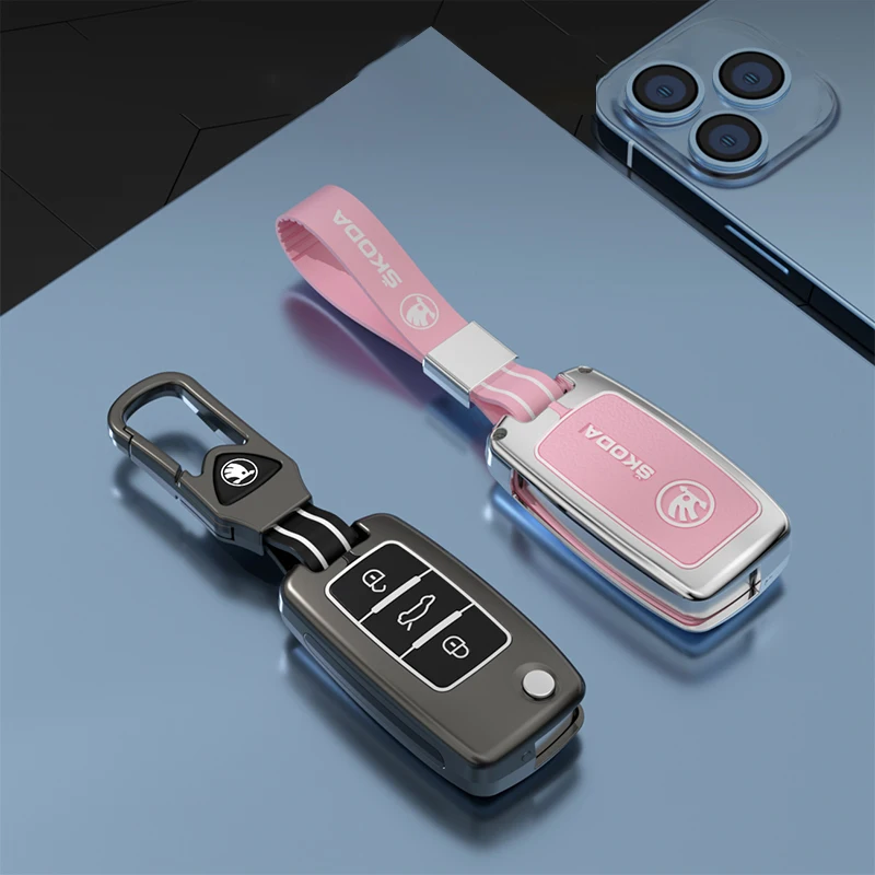 

Car Zinc Alloy Leather Key Case Cover Holder Shell Fob For Skoda Octavia A5 A7 Fabia Superb Kodiaq Karoq Protection Accessories