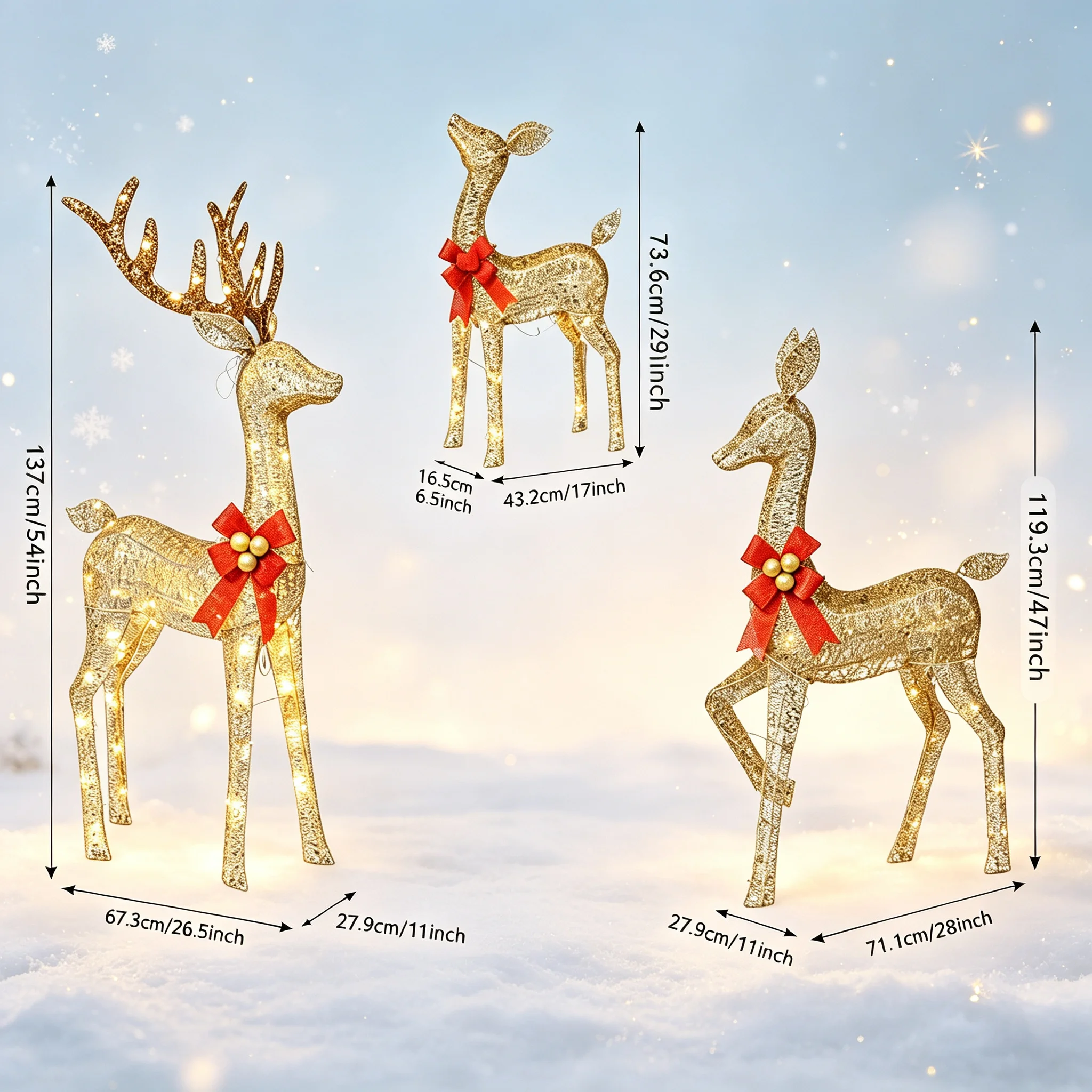Giant 3D Lighted Reindeer Family Set (210 LEDs), 137/119/73cm Large Christmas Yard Decor, Holiday string lights, Show-Stopping Outdoor Lawn Ornament for Holiday Home Garden Patio Display, Lighted Holiday Displays