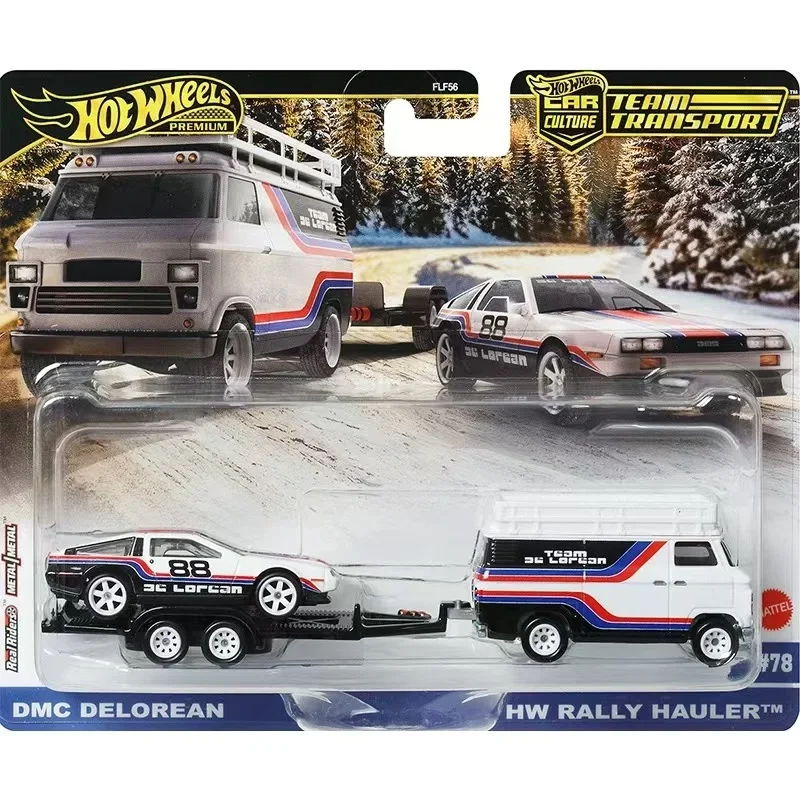 Original Premium Hot Wheels equipo de transporte coche cultura Delorean Toyota Hauler Audi Floet Flyer Rally 1/64 juguetes para niños modelo vehículo