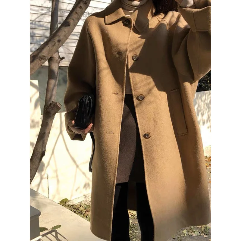 2023 South Korea East Gate Camel Double Sided Wool Coat Women's Single Breasted Mid Length Versatile Wool Coat