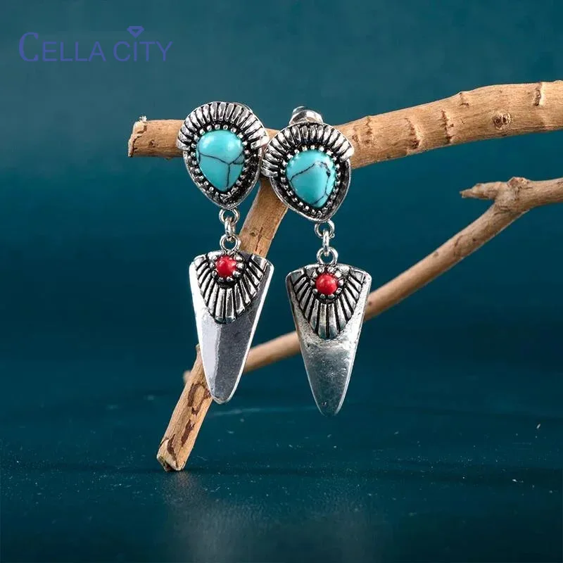 Cellacity Ethnic Style Earrings For Women Charm Silver 925 Jewelry Party Ear-drops Oval Blue Turquoise Synthetic Gemstone Gift