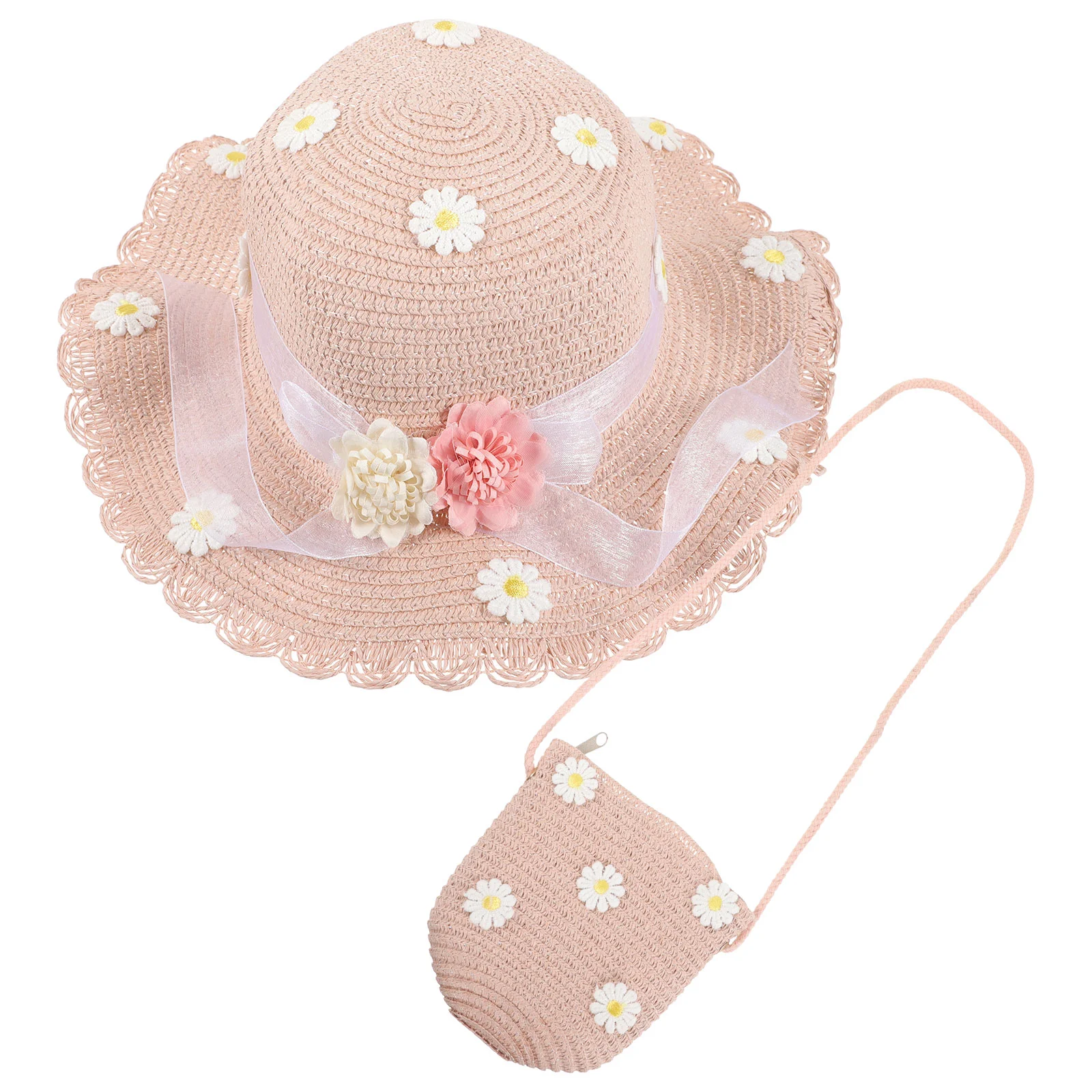 

2 Pcs Toddler Baby Girl Wallet Kids Beach Cap Wooden Summer Straw Hat for Girls Sun