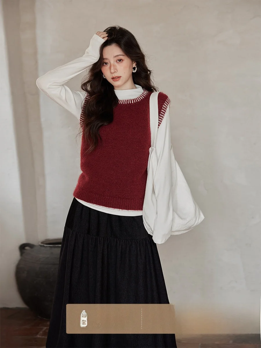 

Ele Lazy Vintage Red Knitted Sweater ort Women's Sle Winter Faion Casual round Ne Svel Vest by Ximen 2026 N...