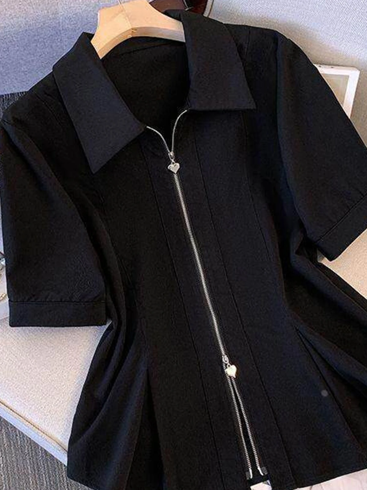 Plus Size Women Square Neck Shoulder Fit Short Sleeve Shirt, Double Head Zipper Slim Waist Elegant High-end Feeling Blouse for S
