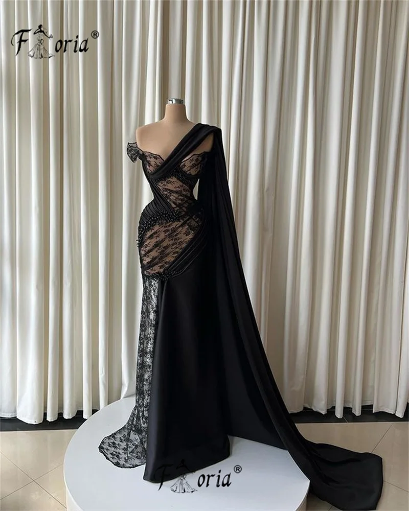 Black Mermaid Evening Dresses with Long Cape Arabic Beaded Lace Long Prom Party Gowns See Through Custom Made vestidos de festa