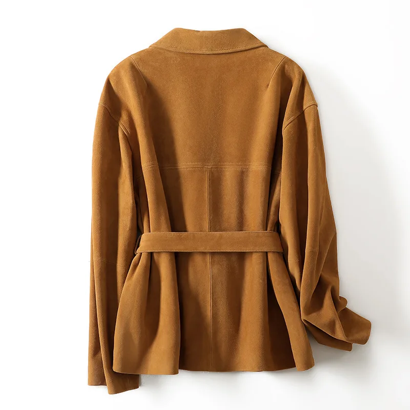 Veste en daim naturel automne femmes nouveau français élégant rétro revers ceinture mince moyen à Long manteau en daim peau de chèvre femme Ropa Mujer