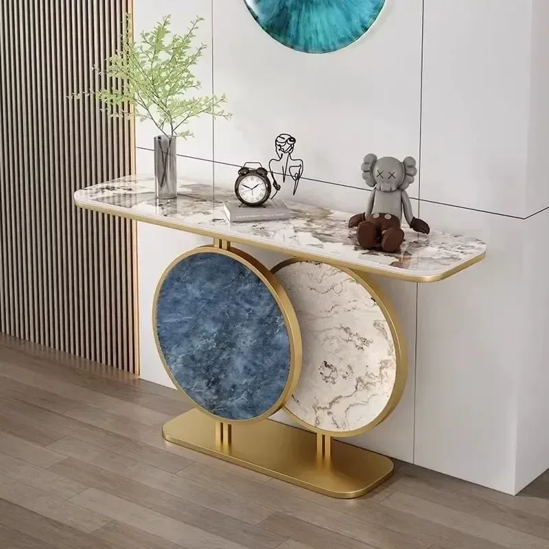 Light Luxury Non Embroidered Steel Entrance Table Marble Console Table for Villa Corridor Wall Strip End View Table Modern