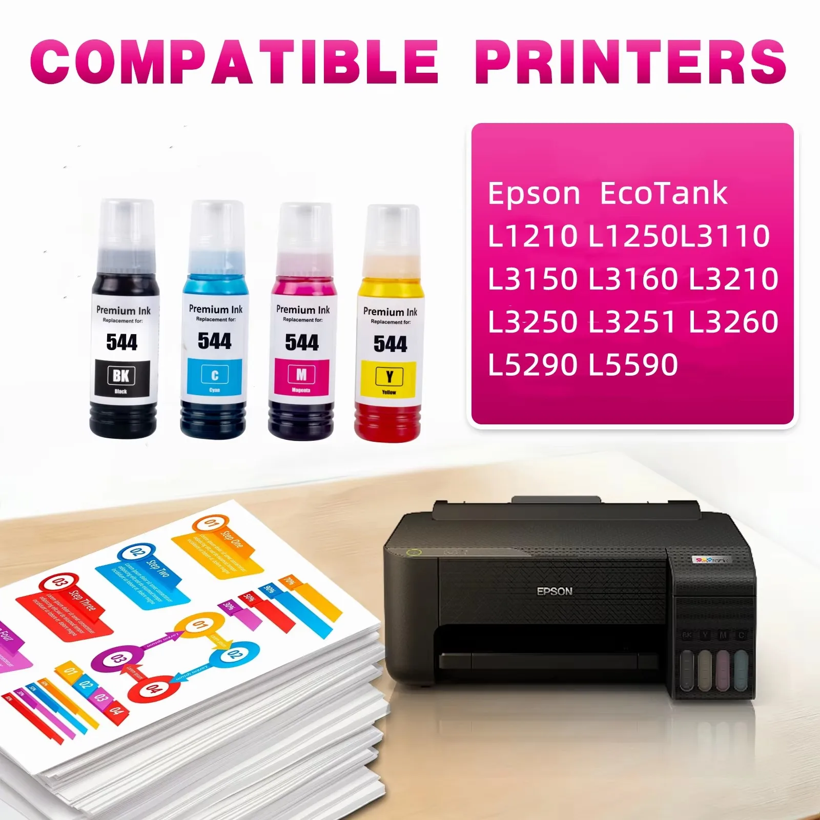 T544 544 Dye Ink 70ml Bottle Refill Kit Fit CISS For Epson EcoTank L3150 L3110 L3100 L3210 L3250 L1110 5190 Inkjet Printer