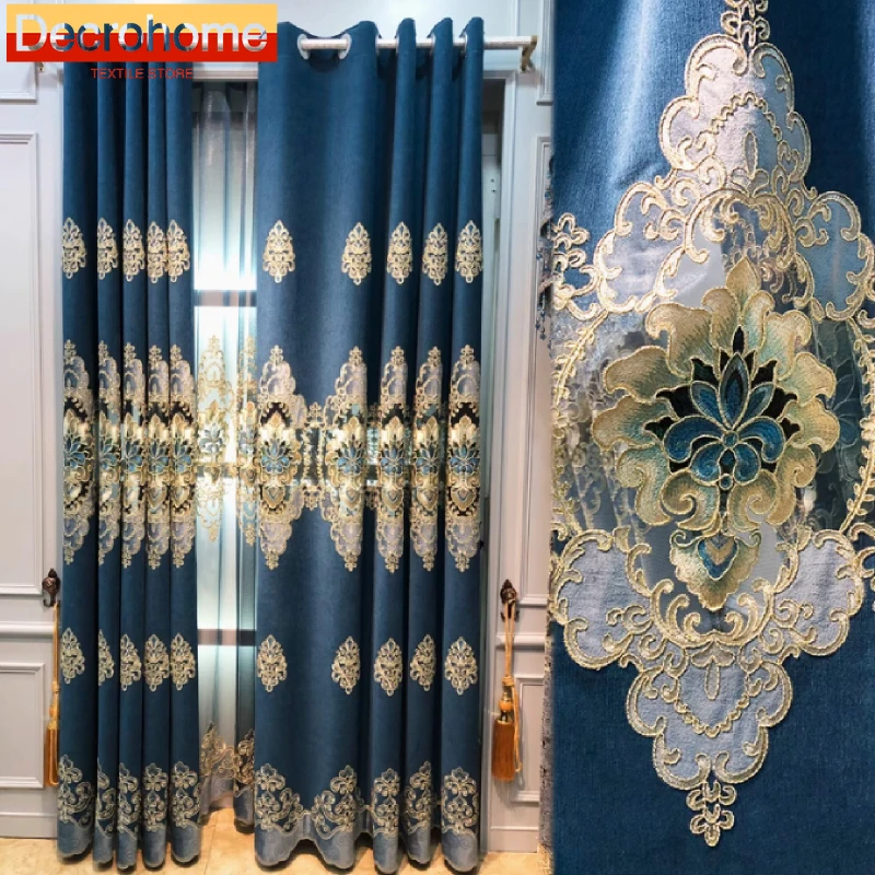 Customized High-end Blue Embroidered Window Screen Hollow Chenille Curtains for Living Room Bedroom Floor-to-ceiling Windows