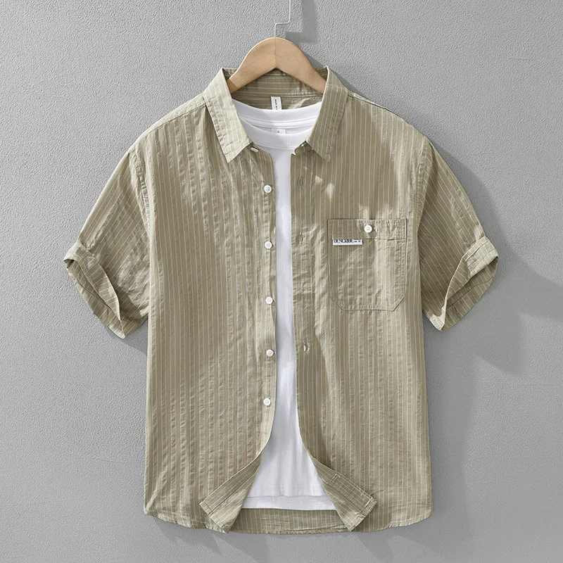 Men's Japanese Style Striped Short Sleeve Shirt Summer Loose Fit Breathable Cotton Workwear Casual Shirt with Chest Pocket