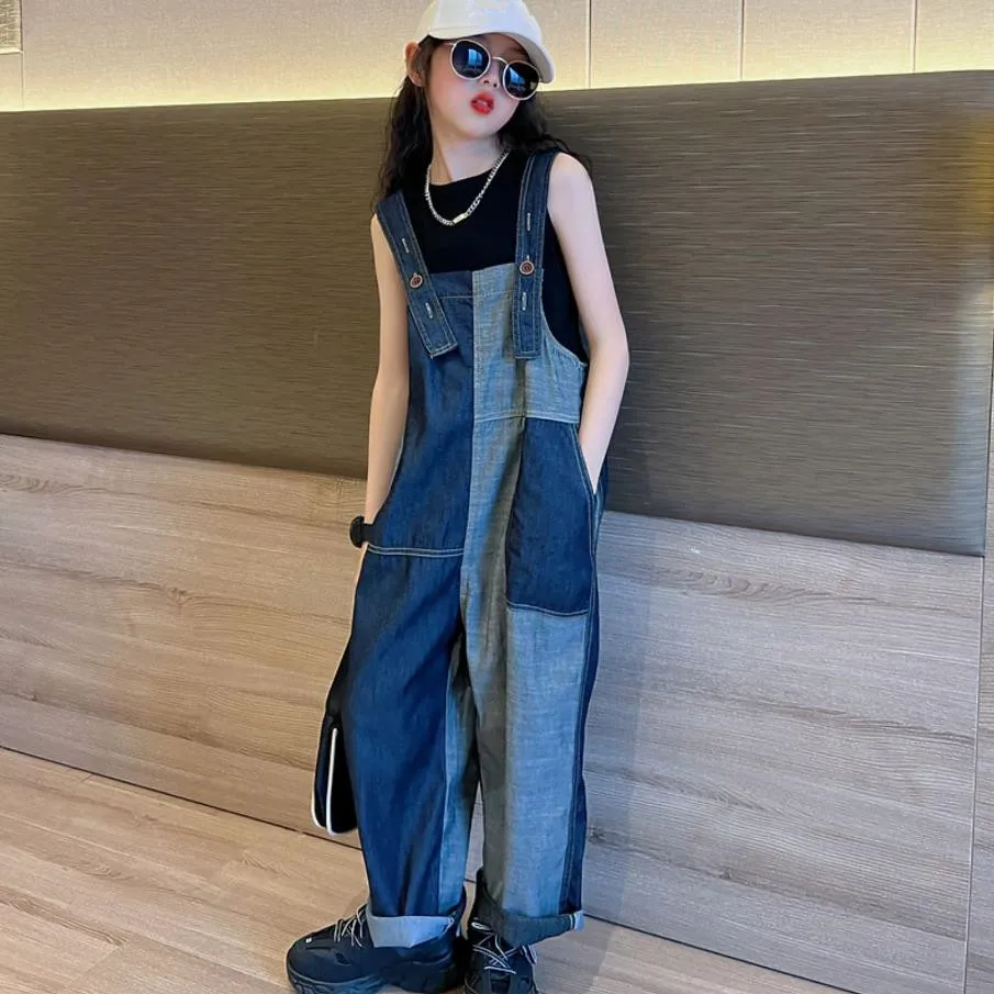 Girl Denim Jumpsuits Spring Summer New Fashion Casual style Jeans Teenage Pants Kids Patchwork Overalls Children Jumpsuit Wz1140