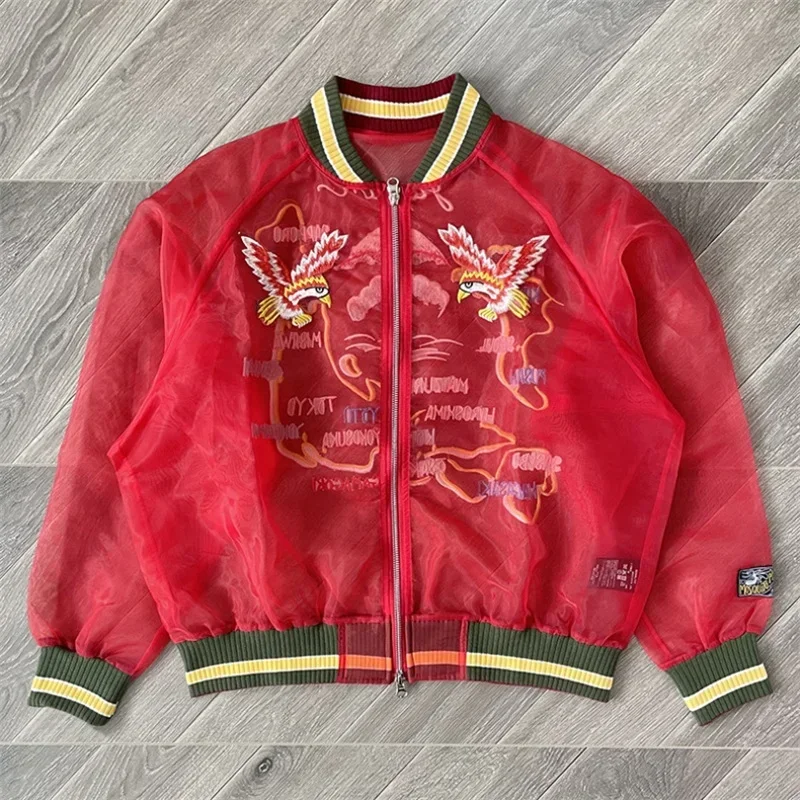 

25SS Red Kapital Куртка Мужчины Женщины Высочайшее Качество Полупрозрачный Шелковый Череп Вышивка Негабаритные Куртки