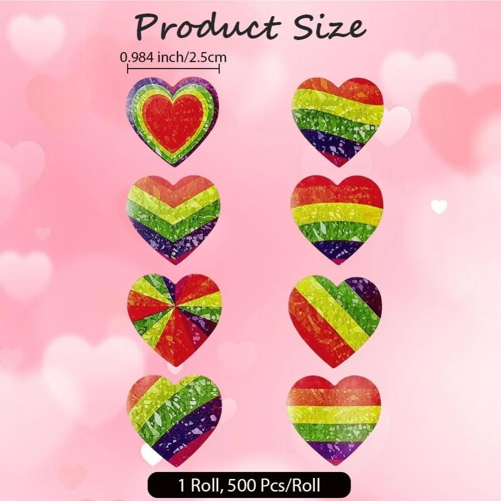 1 Roll Paper Gift Tag Self Adhesive Stickers with Rainbow Heart Pride Adhesive Labels Roll Decals for Party Wedding Decorative