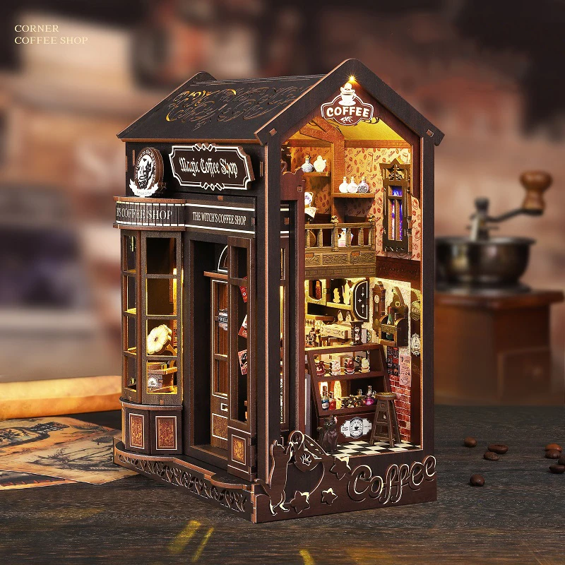 DIY หนังสือไม้ Nook ชั้นวางชุด Mgaic ร้านกาแฟ Miniature ชุดชั้นวางหนังสือ Light Bookend สําหรับของขวัญเพื่อน