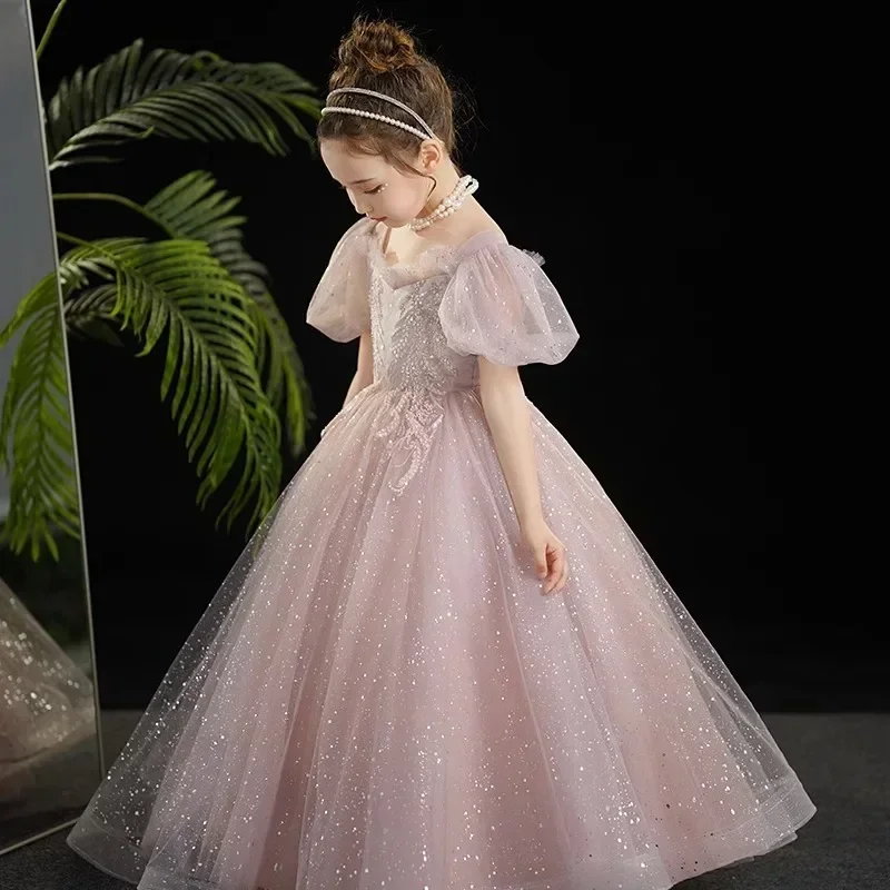 Vestido infantil para florista, manga rosa bolha, apresentadora de show, apresentação de piano, aniversário, novo, primavera, 2022