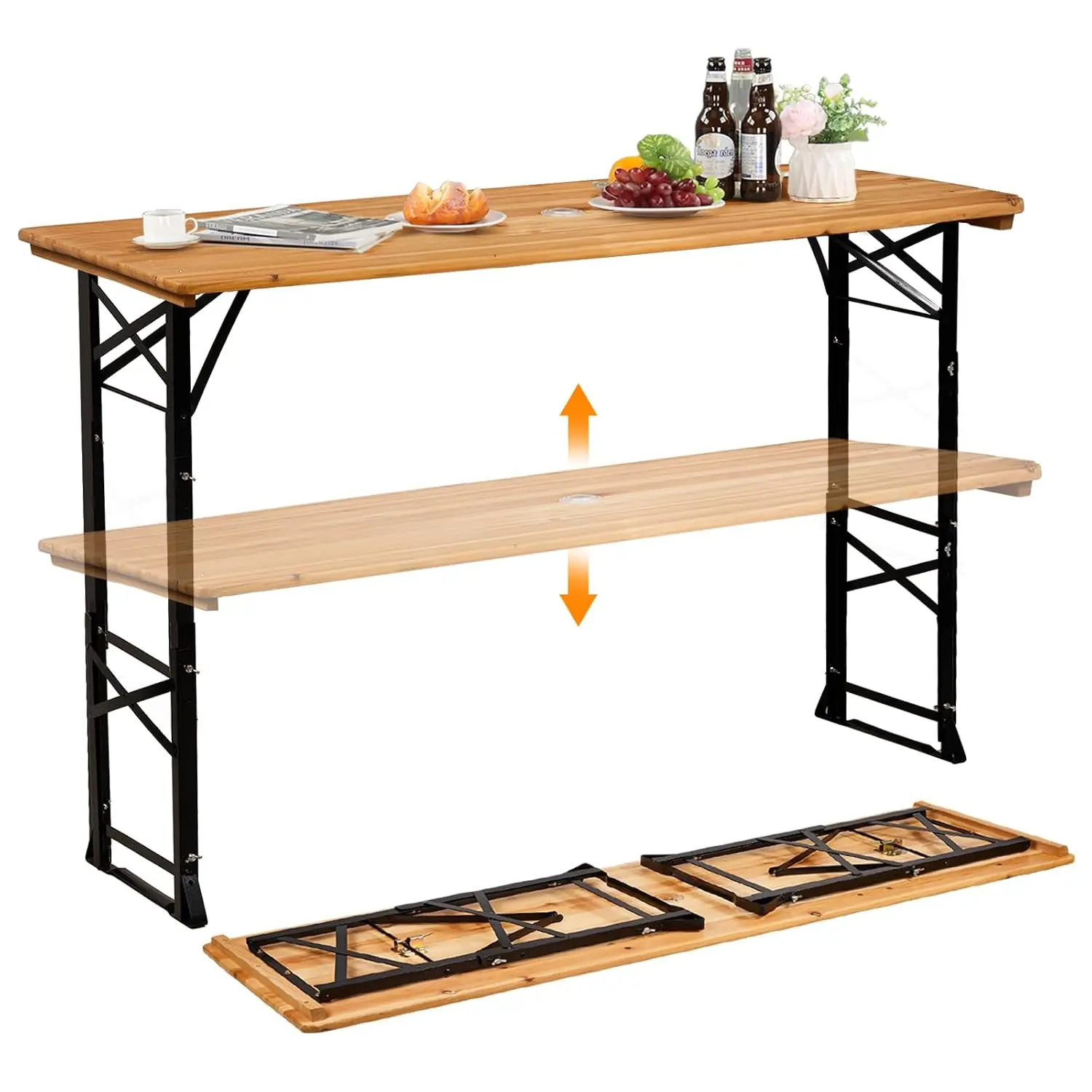 67 Inch Wooden Folding Picnic Table, Picnic Beer Table with Umbrella Hole, Adjustable Heights (29.5