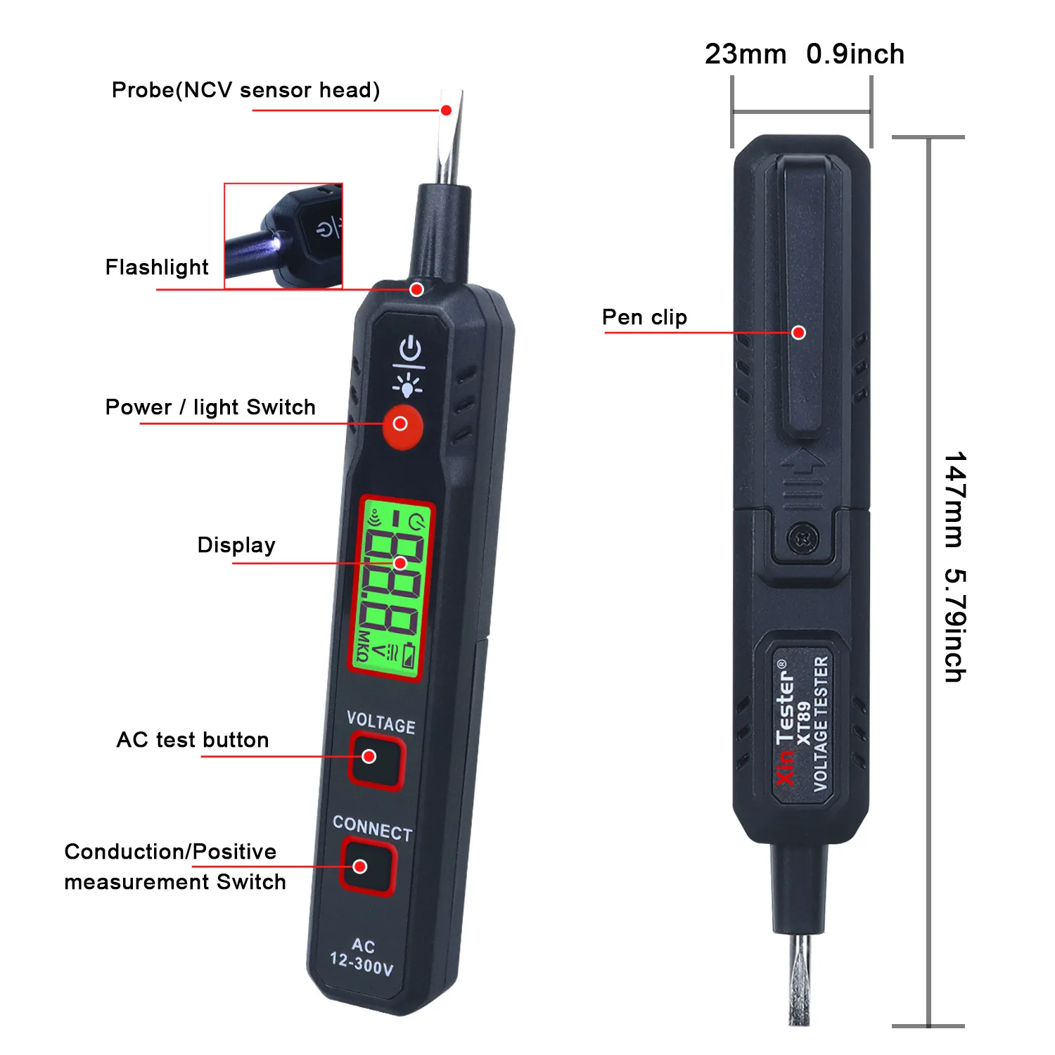 Imagem -05 - Xin Tester Xt89 tipo Caneta Detector de Tensão sem Contato 300v Retroiluminação Ajustável ac Tensão Lanterna Sensibilidade Tester