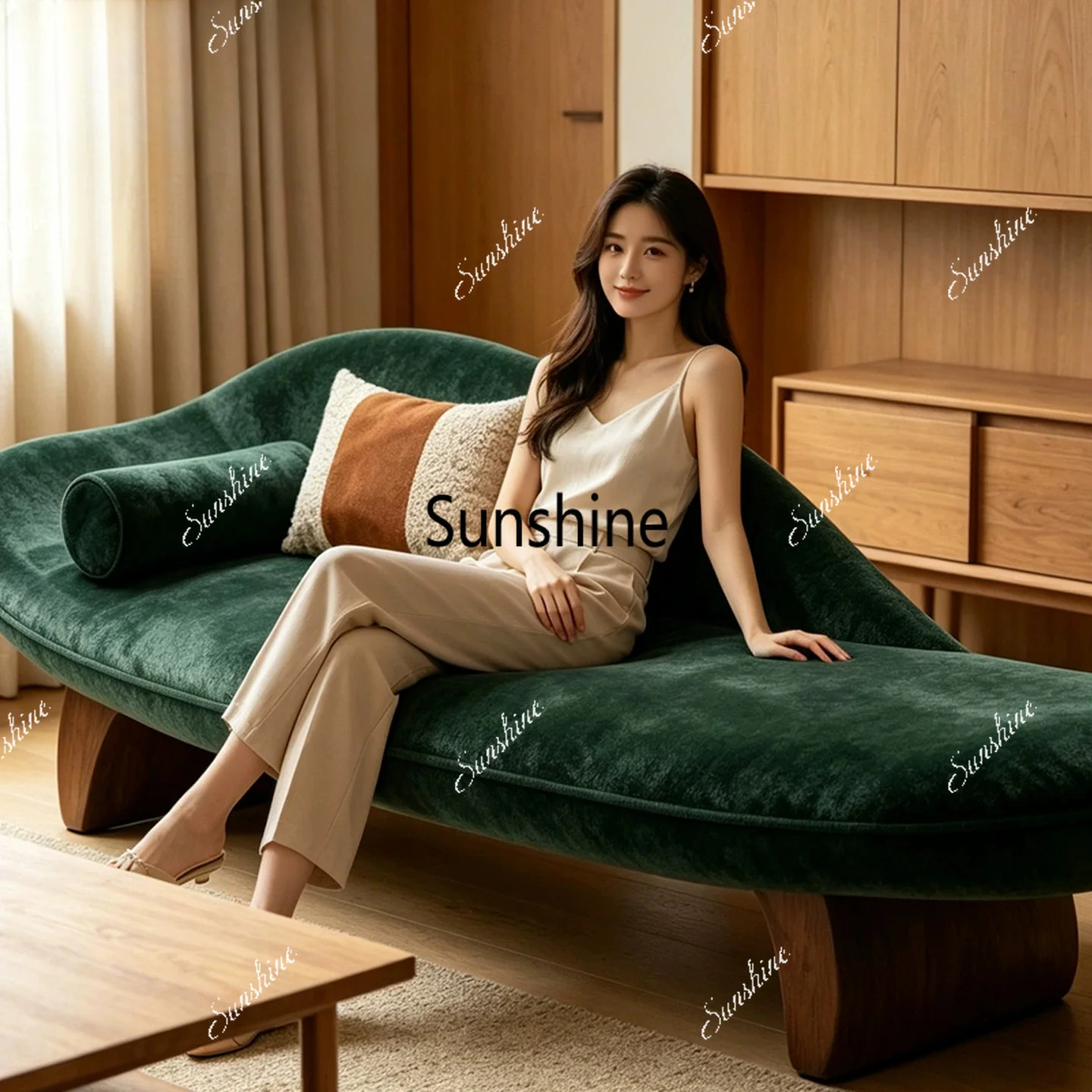 Curved fabric chaise lounge chair for bedroom, study, and chaise lounge