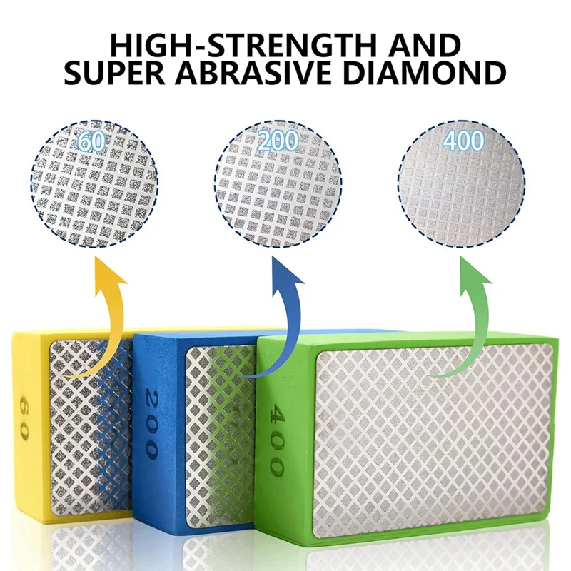 แผ่นขัดมือเพชร,3PCS Diamond Sanding Pads 60/200/400 Grit Sanding Blockโฟมสําหรับกระเบื้องแก้วหิน