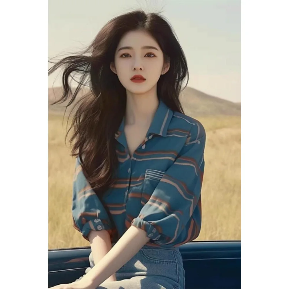 

Полосатая блузка с коротким рукавом и воротником-поло для женщин, шикарный летний топ в стиле ретро