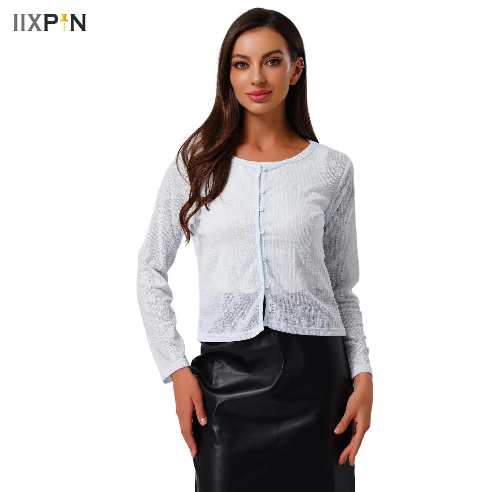 

Womens Cardigan Top Exquisite Jacquard Long Sleeve Crew Neck Button-up Shrugs Bolero Cover Up Blosue for Vacation Beach Shopping