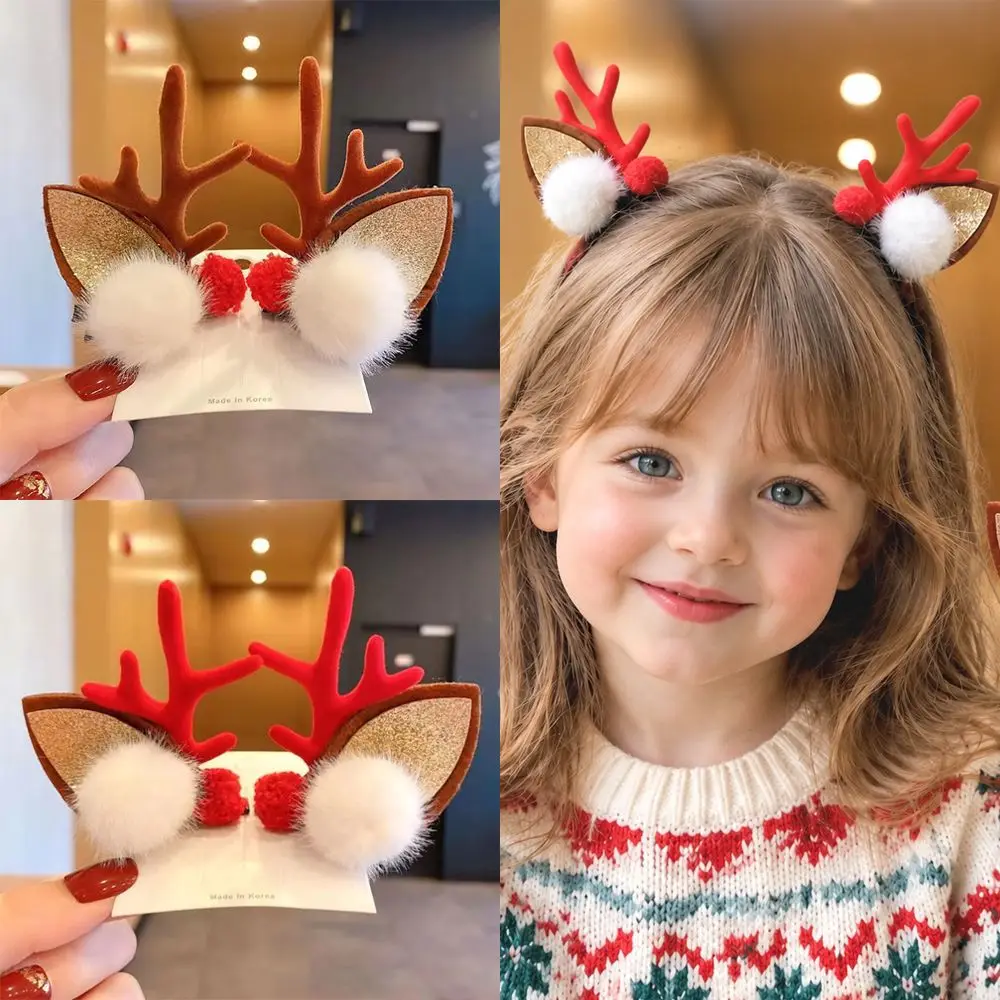 1 Pair Cute Pom-pom Decor Antler Hair Clips Glitter Cartoon Deer Ear Headbands Reindeer Hair Barrettes Festival Gift