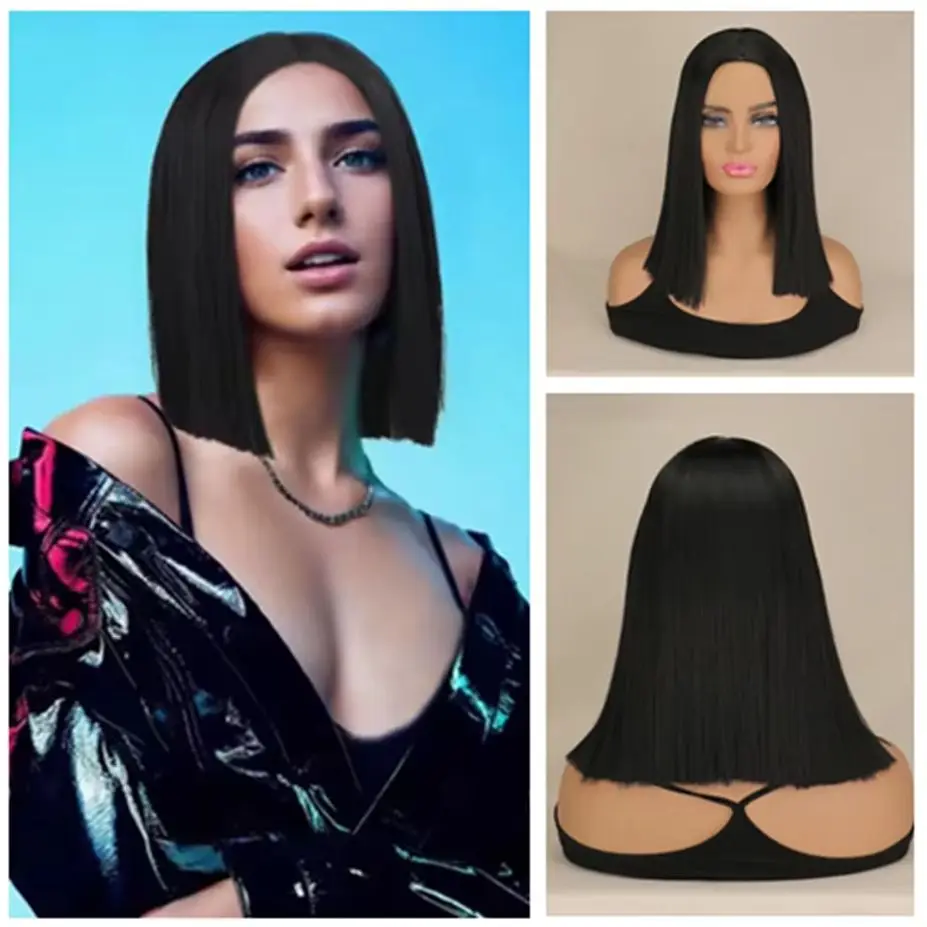 Short Straight Black Middle Part Hair Wigs Medium Length Synthetic Synthetic Hair Wigs Short  for Women Halloween Cosplay Wigs