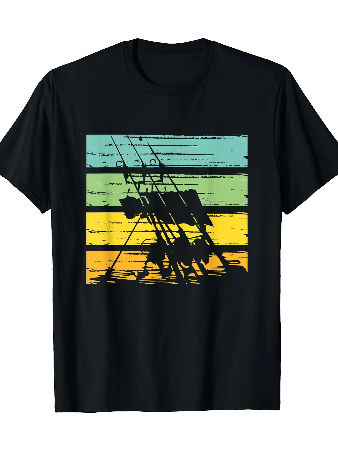 Camiseta de Pesca Vintage para Hombre - Camiseta Negra con Rayas Verde Azulado y Mostaza, Corte Holgado, Cuello Redondo - Ropa Casual para Exteriores para Todas las Estaciones